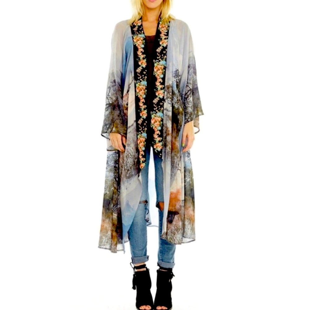 Aratta Silent Journey Kimono Enchanted Deer. Floral edge w/beading. NWOT XS-L.